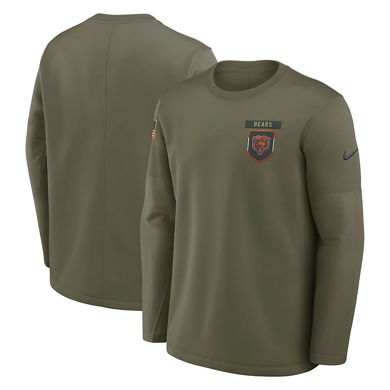 Men's Nike Olive Chicago Bears 2025 Salute to Service Sideline Coaches Therma-FIT Long Sleeve Shirt