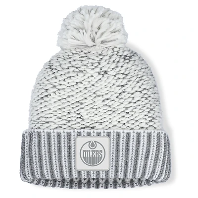 Women's Fanatics White/Gray Edmonton Oilers Fundamental Mist Cuffed Knit Hat with Pom