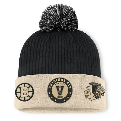 Men's Fanatics Charcoal/Natural Vintage Hockey Goalie Original 6 Cuffed Knit Hat with Pom