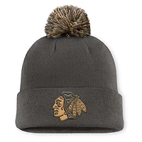 Men's Fanatics  Charcoal Chicago Blackhawks Authentic Pro Military Appreciation Cuffed Knit Hat with Pom