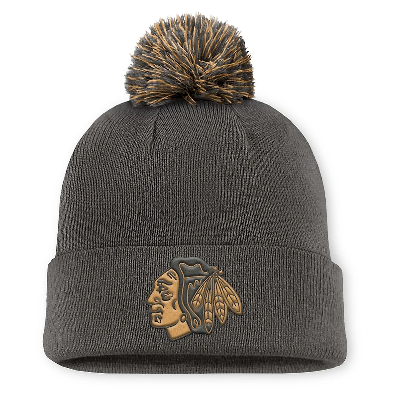 Men's Fanatics Charcoal Chicago Blackhawks Authentic Pro Military Appreciation Cuffed Knit Hat with Pom