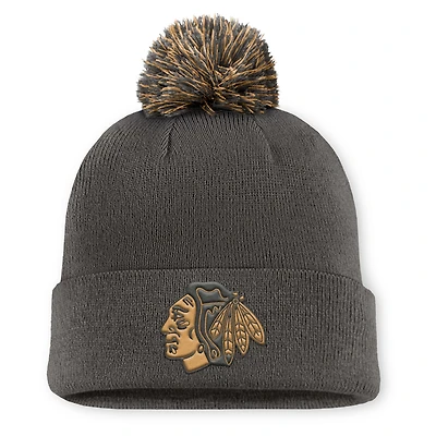 Men's Fanatics  Charcoal Chicago Blackhawks Authentic Pro Military Appreciation Cuffed Knit Hat with Pom