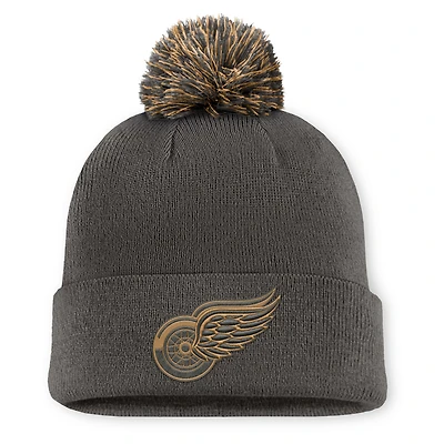 Men's Fanatics  Charcoal Detroit Red Wings Authentic Pro Military Appreciation Cuffed Knit Hat with Pom