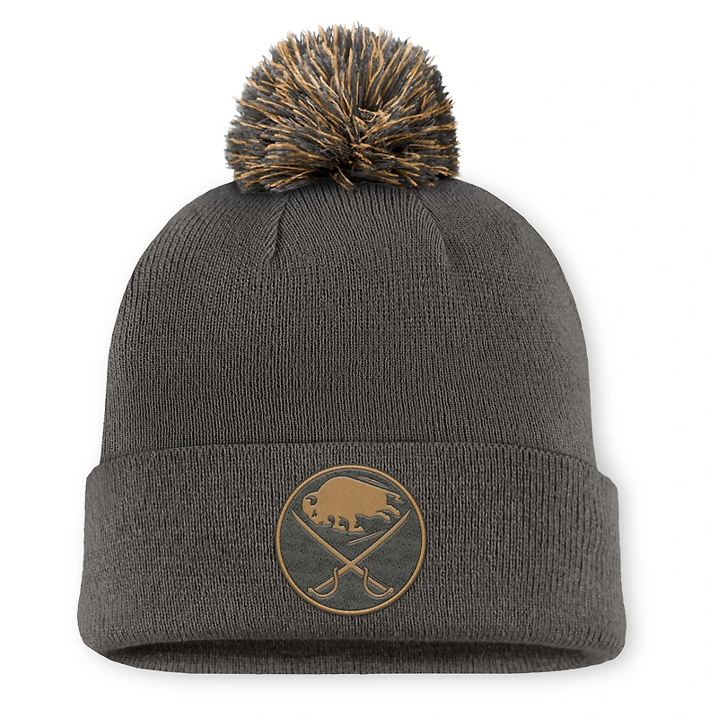 Men's Fanatics  Charcoal Buffalo Sabres Authentic Pro Military Appreciation Cuffed Knit Hat with Pom