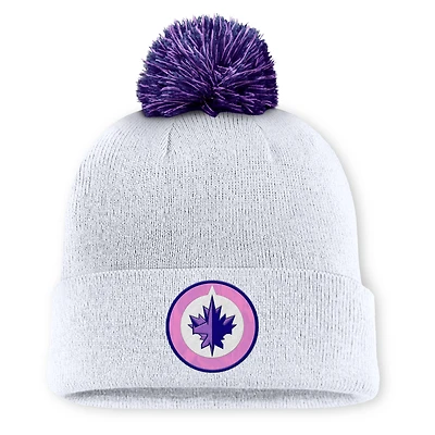 Men's Fanatics  White Winnipeg Jets Authentic Pro Hockey Fights Cancer Cuffed Knit Hat with Pom