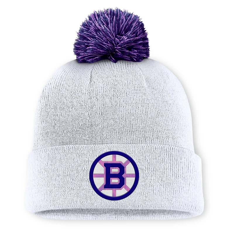 Men's Fanatics  White Boston Bruins Authentic Pro Hockey Fights Cancer Cuffed Knit Hat with Pom
