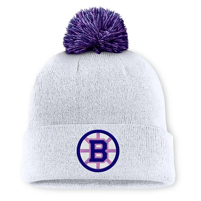 Men's Fanatics  White Boston Bruins Authentic Pro Hockey Fights Cancer Cuffed Knit Hat with Pom