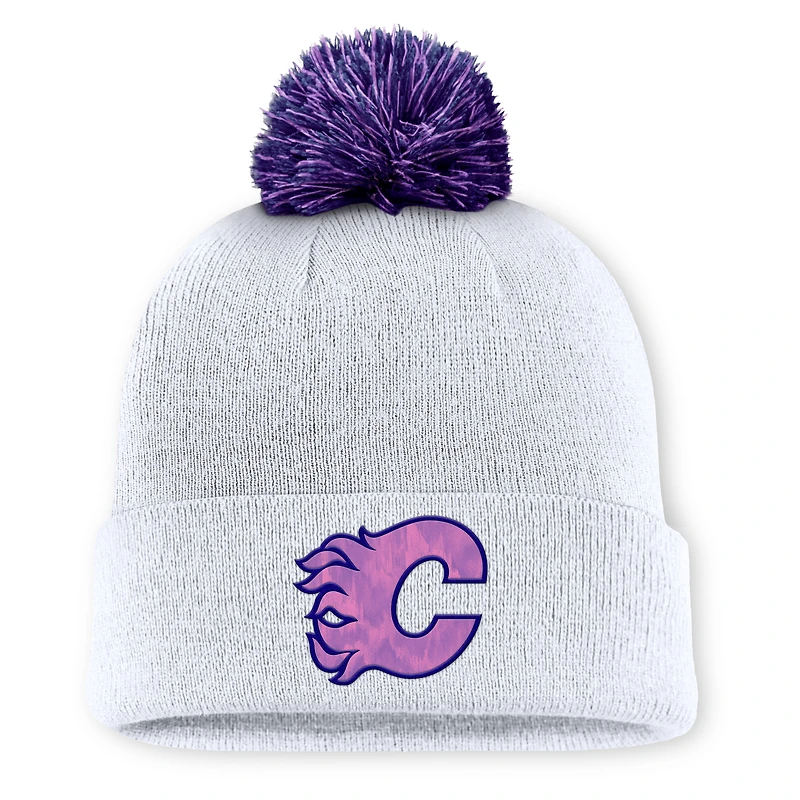 Men's Fanatics  White Calgary Flames Authentic Pro Hockey Fights Cancer Cuffed Knit Hat with Pom