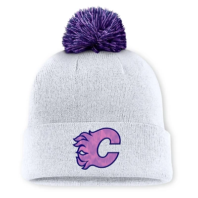 Men's Fanatics  White Calgary Flames Authentic Pro Hockey Fights Cancer Cuffed Knit Hat with Pom