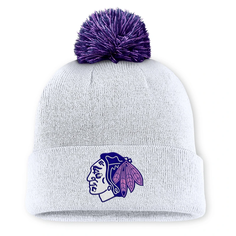 Men's Fanatics  White Chicago Blackhawks Authentic Pro Hockey Fights Cancer Cuffed Knit Hat with Pom