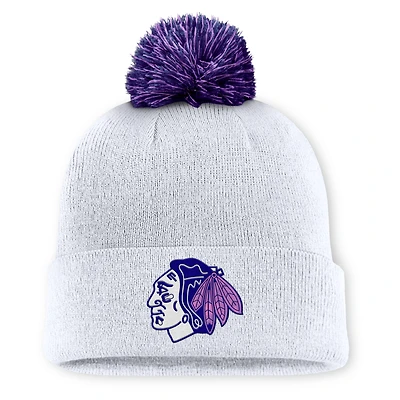 Men's Fanatics  White Chicago Blackhawks Authentic Pro Hockey Fights Cancer Cuffed Knit Hat with Pom