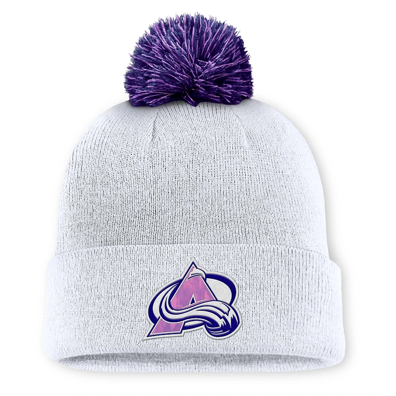 Men's Fanatics  White Colorado Avalanche Authentic Pro Hockey Fights Cancer Cuffed Knit Hat with Pom