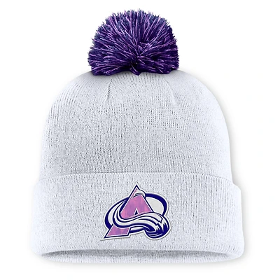 Men's Fanatics  White Colorado Avalanche Authentic Pro Hockey Fights Cancer Cuffed Knit Hat with Pom