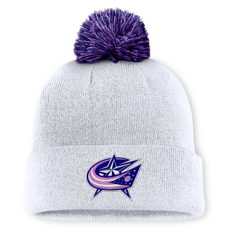 Men's Fanatics  White Columbus Blue Jackets Authentic Pro Hockey Fights Cancer Cuffed Knit Hat with Pom