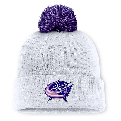 Men's Fanatics  White Columbus Blue Jackets Authentic Pro Hockey Fights Cancer Cuffed Knit Hat with Pom