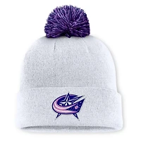 Men's Fanatics  White Columbus Blue Jackets Authentic Pro Hockey Fights Cancer Cuffed Knit Hat with Pom