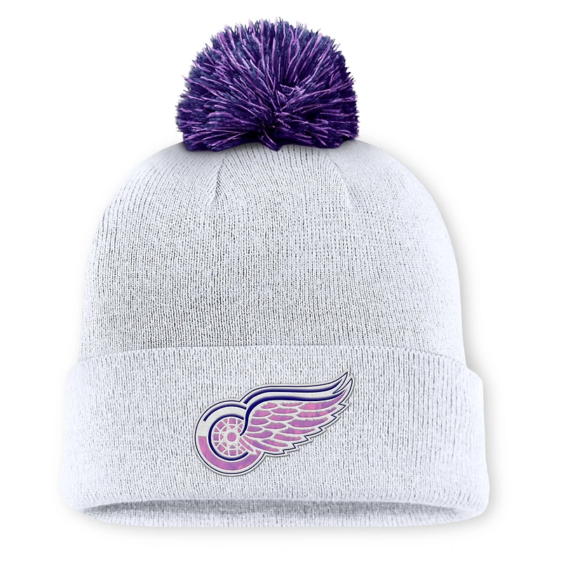 Men's Fanatics  White Detroit Red Wings Authentic Pro Hockey Fights Cancer Cuffed Knit Hat with Pom