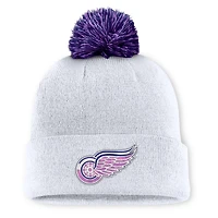 Men's Fanatics  White Detroit Red Wings Authentic Pro Hockey Fights Cancer Cuffed Knit Hat with Pom