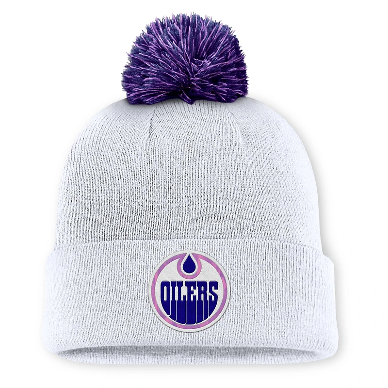 Men's Fanatics  White Edmonton Oilers Authentic Pro Hockey Fights Cancer Cuffed Knit Hat with Pom