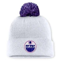 Men's Fanatics  White Edmonton Oilers Authentic Pro Hockey Fights Cancer Cuffed Knit Hat with Pom