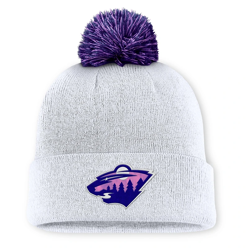 Men's Fanatics  White Minnesota Wild Authentic Pro Hockey Fights Cancer Cuffed Knit Hat with Pom