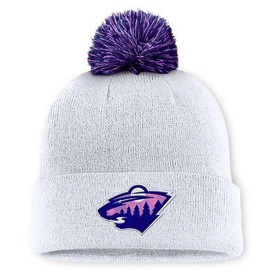 Men's Fanatics  White Minnesota Wild Authentic Pro Hockey Fights Cancer Cuffed Knit Hat with Pom