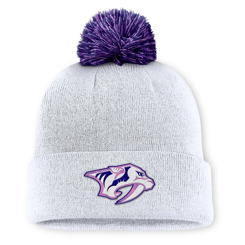 Men's Fanatics  White Nashville Predators Authentic Pro Hockey Fights Cancer Cuffed Knit Hat with Pom