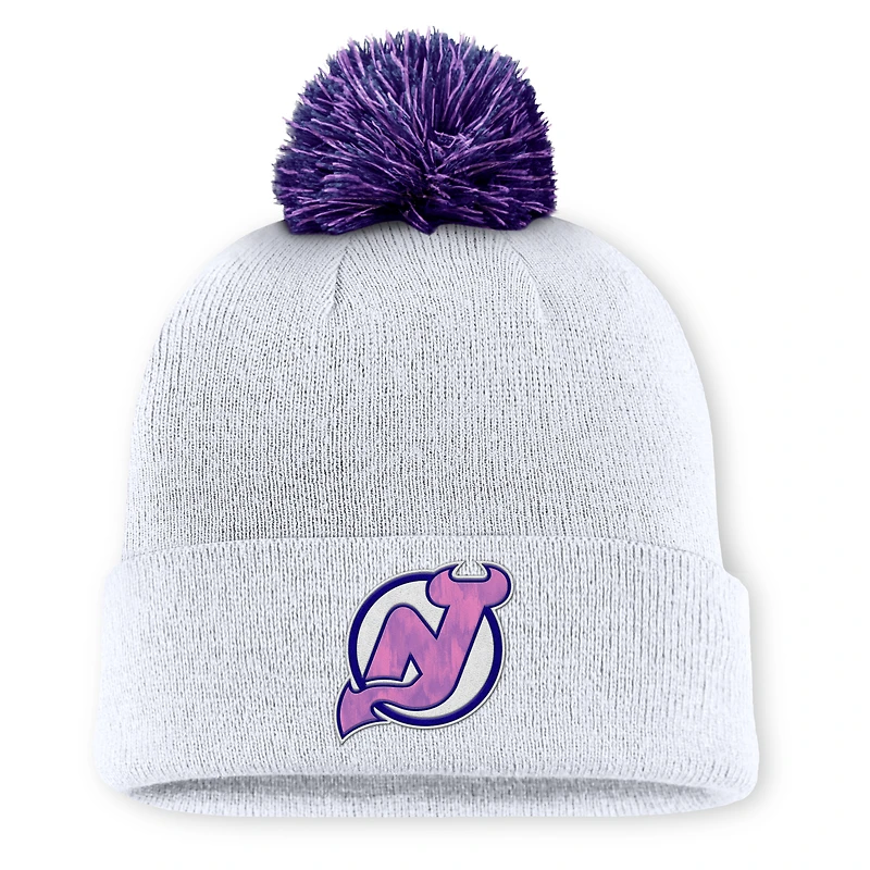 Men's Fanatics  White New Jersey Devils Authentic Pro Hockey Fights Cancer Cuffed Knit Hat with Pom