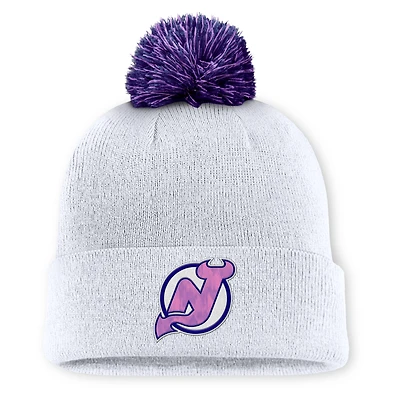 Men's Fanatics  White New Jersey Devils Authentic Pro Hockey Fights Cancer Cuffed Knit Hat with Pom