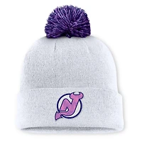 Men's Fanatics  White New Jersey Devils Authentic Pro Hockey Fights Cancer Cuffed Knit Hat with Pom