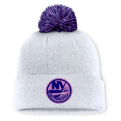 Men's Fanatics  White New York Islanders Authentic Pro Hockey Fights Cancer Cuffed Knit Hat with Pom