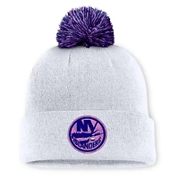 Men's Fanatics  White New York Islanders Authentic Pro Hockey Fights Cancer Cuffed Knit Hat with Pom