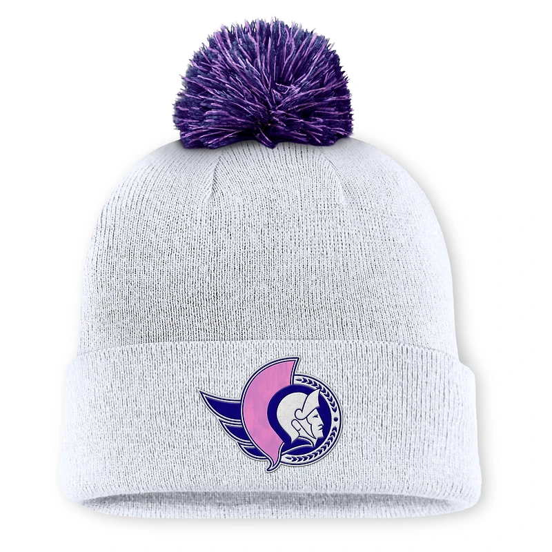 Men's Fanatics  White Ottawa Senators Authentic Pro Hockey Fights Cancer Cuffed Knit Hat with Pom