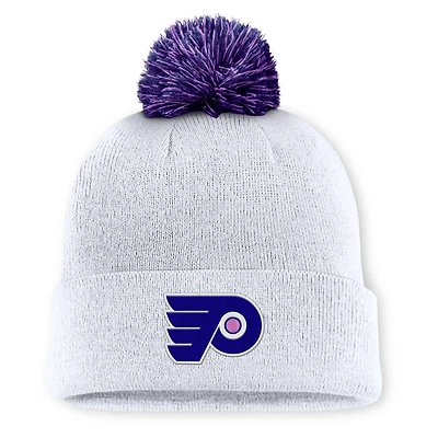 Men's Fanatics  White Philadelphia Flyers Authentic Pro Hockey Fights Cancer Cuffed Knit Hat with Pom