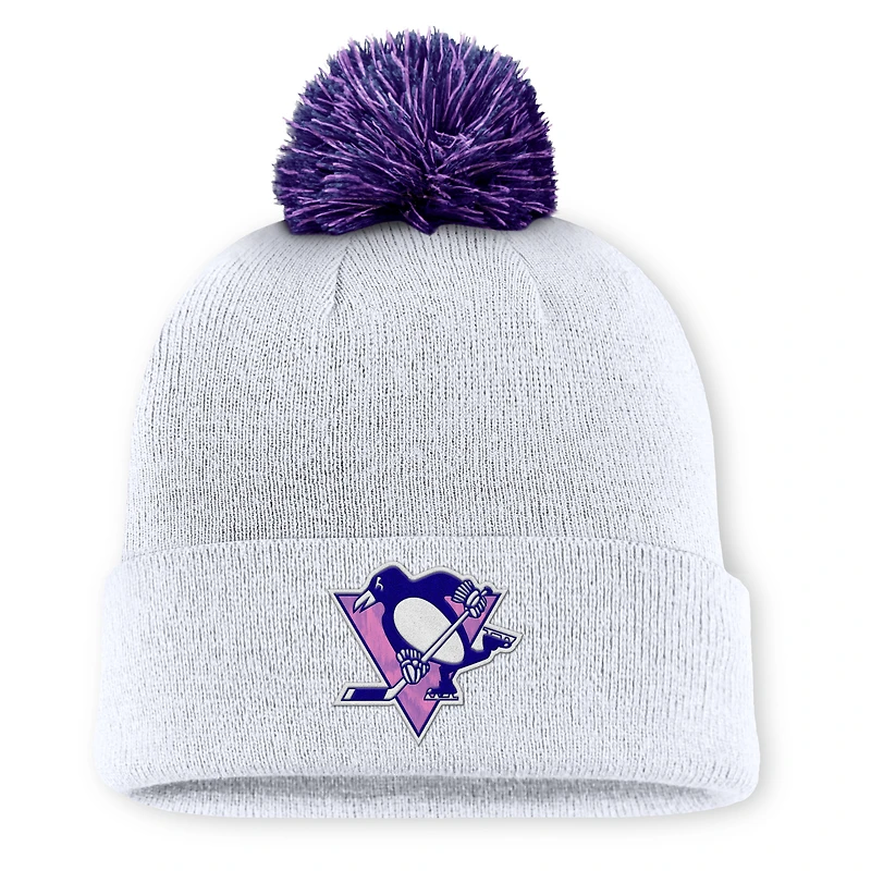Men's Fanatics  White Pittsburgh Penguins Authentic Pro Hockey Fights Cancer Cuffed Knit Hat with Pom