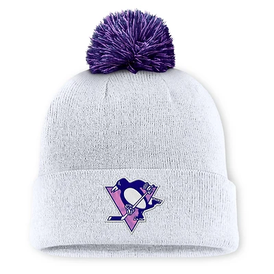 Men's Fanatics  White Pittsburgh Penguins Authentic Pro Hockey Fights Cancer Cuffed Knit Hat with Pom