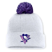 Men's Fanatics  White Pittsburgh Penguins Authentic Pro Hockey Fights Cancer Cuffed Knit Hat with Pom