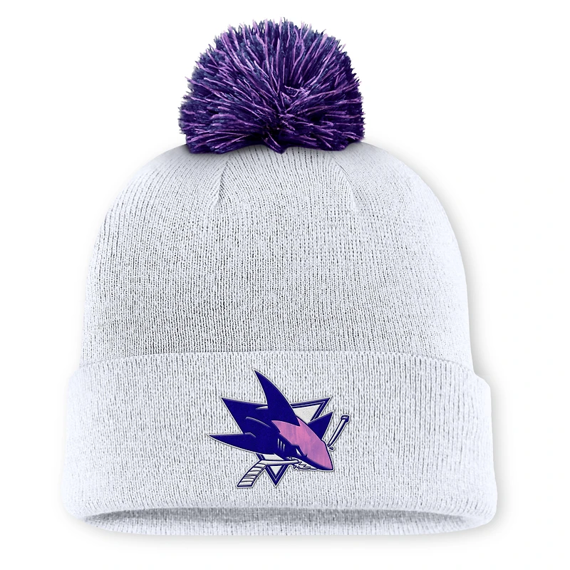 Men's Fanatics  White San Jose Sharks Authentic Pro Hockey Fights Cancer Cuffed Knit Hat with Pom