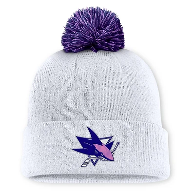 Men's Fanatics  White San Jose Sharks Authentic Pro Hockey Fights Cancer Cuffed Knit Hat with Pom