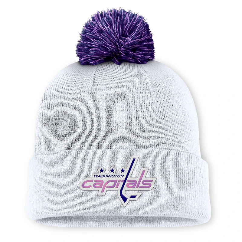 Men's Fanatics  White Washington Capitals Authentic Pro Hockey Fights Cancer Cuffed Knit Hat with Pom