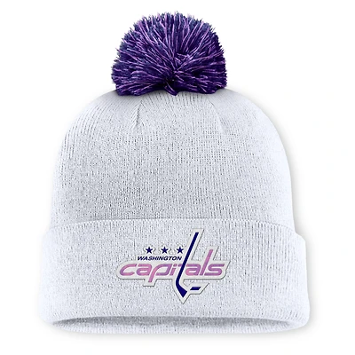 Men's Fanatics  White Washington Capitals Authentic Pro Hockey Fights Cancer Cuffed Knit Hat with Pom