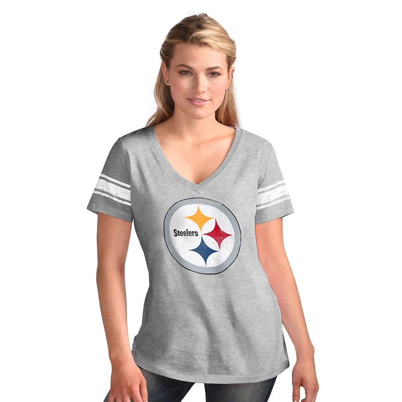 Women's G-III 4Her by Carl Banks  Heather Gray Pittsburgh Steelers First Pick Distressed V-Neck T-Shirt