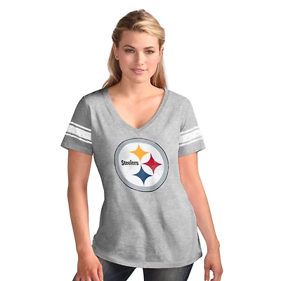 Women's G-III 4Her by Carl Banks  Heather Gray Pittsburgh Steelers First Pick Distressed V-Neck T-Shirt