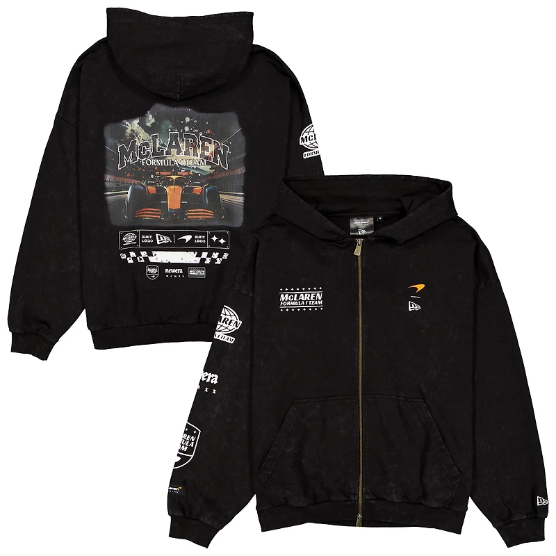 Men's New Era Black McLaren F1 Team Lifestyle Washed Oversized Full-Zip Hoodie
