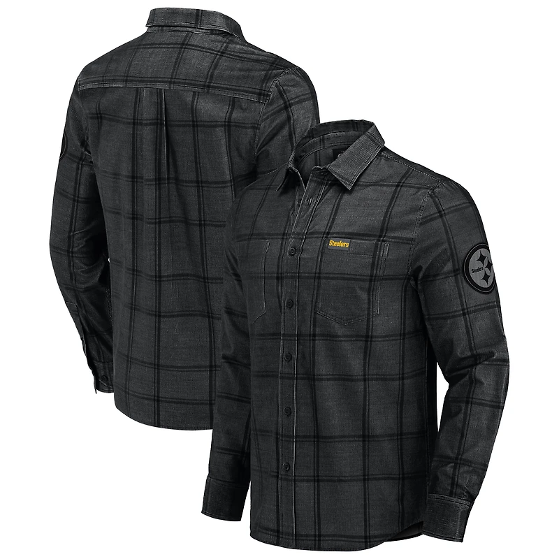Men's Darius Rucker Collection by Fanatics Black Pittsburgh Steelers Micro Corduroy Plaid Button Up Shirt