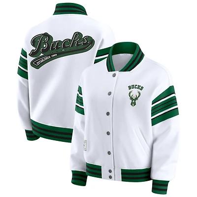 Women's WEAR by Erin Andrews  White Milwaukee Bucks Snap Front Fleece Sweatshirt