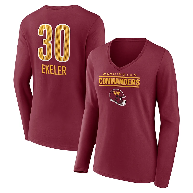 Women's  Austin Ekeler Burgundy Washington Commanders Team Wordmark Name & Number Long Sleeve V-Neck T-Shirt