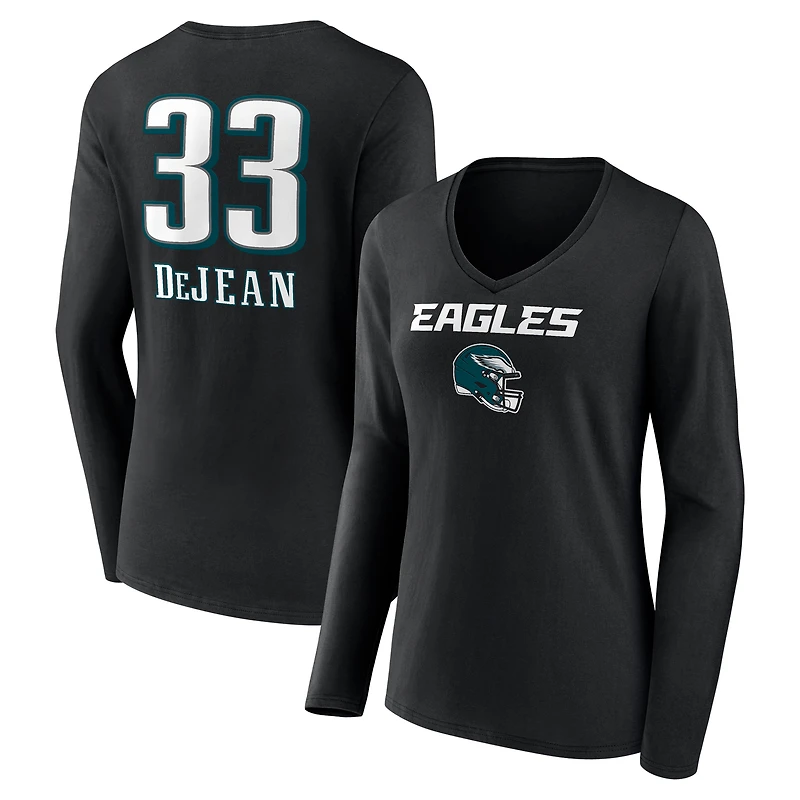 Women's Cooper DeJean Black Philadelphia Eagles Team Wordmark Name & Number Long Sleeve V-Neck T-Shirt