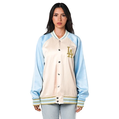 Women's The Wild Collective Cream Los Angeles Dodgers Oversized Satin Raglan Full-Snap Bomber Jacket