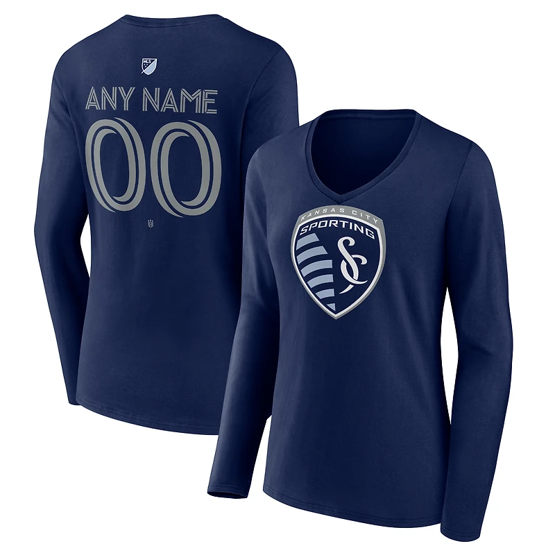 Women's Navy Sporting Kansas City Custom Team Authentic Long Sleeve V-Neck T-Shirt